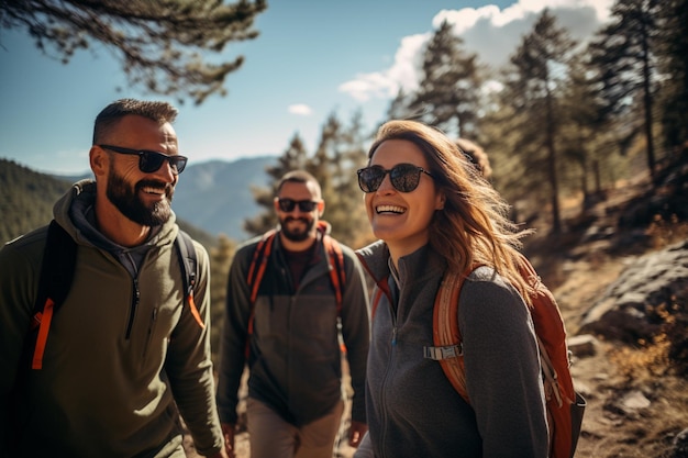 Photo people hiking on the mountains bokeh style background