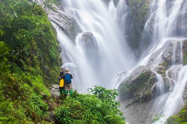 People hiking near the waterfall