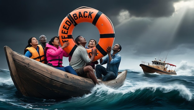 People hold on to a lifebuoy with the word Feedback written on it