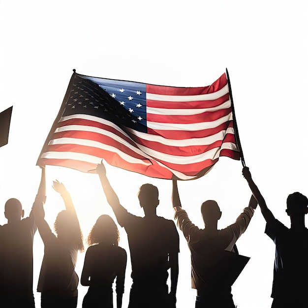 People holding an american flag in front of a sun