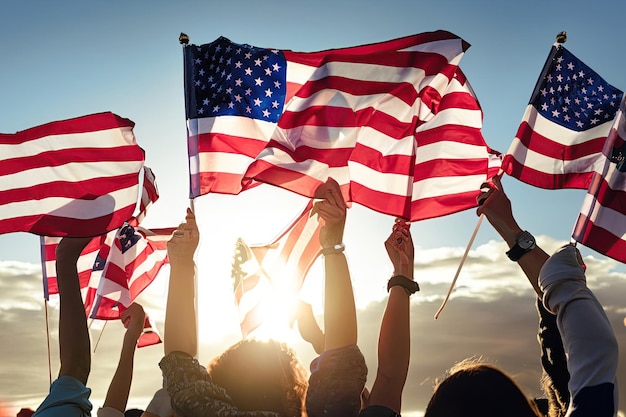 People holding american flags in the sun