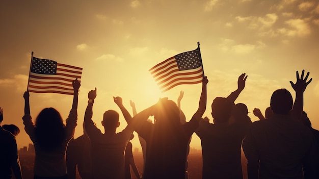 People holding american flags at a sunset