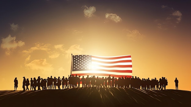 People holding a flag in front of a sunset