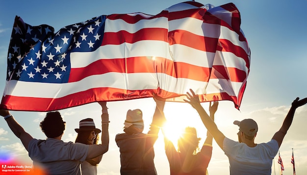 People holding a flag that says the united states of america