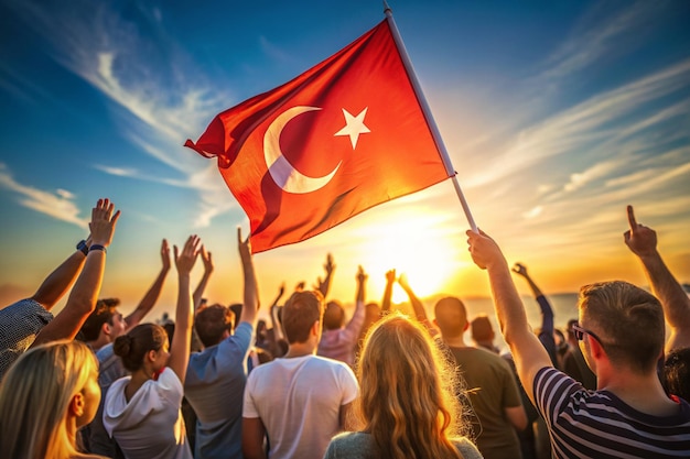 people holding a flag with the sun behind them