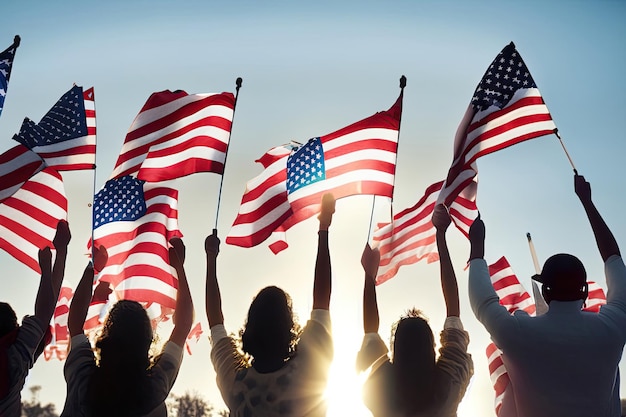 People holding flags in the air with the sun behind them