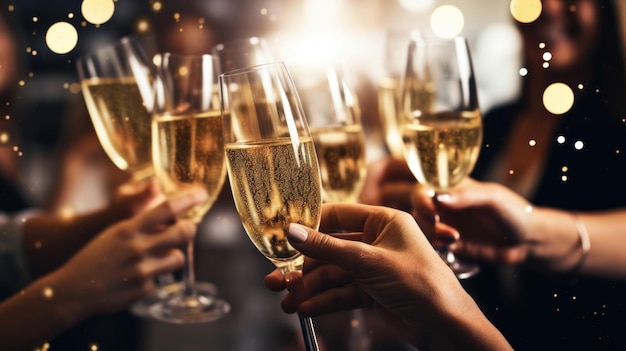 People holding glasses of champagne making a toast newyear party