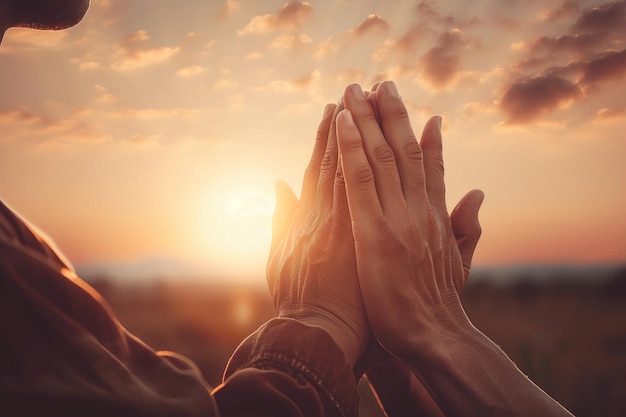 People holding hands in front of a sunset