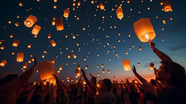 People holding lanterns flying in the sky with the words " wish " on the bottom.