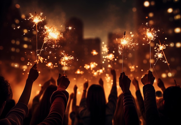 People Holding Sparklers City Lights Illuminate Sky Festive Celebration Nighttime Atmosphere Joy