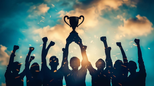 people holding up a trophy with the word trophy on the top