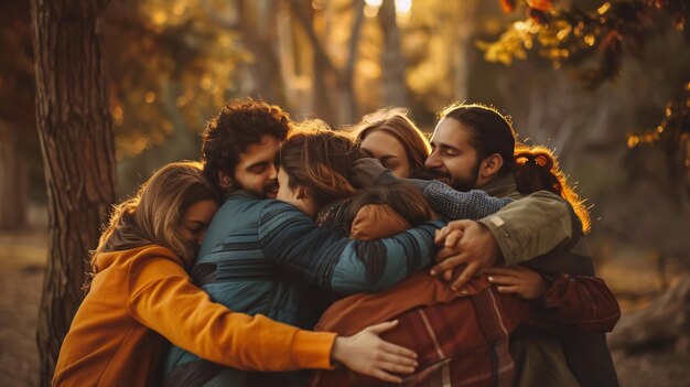 People hugging each other in the park expressing warmth and closeness