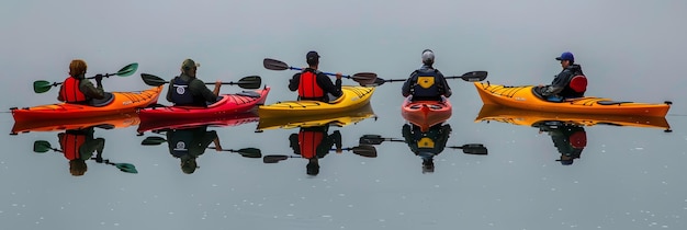 Photo people kayaking on a calm reflective lake