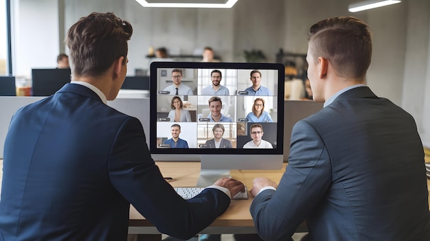 people looking at a computer screen with a group of people in the background