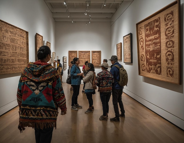 people looking at paintings in a museum with a sign saying  merry christmas  on the wall