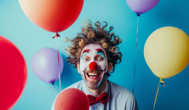 people looking shocked in a studio April Fool with red clown nose looking camera showing pointing