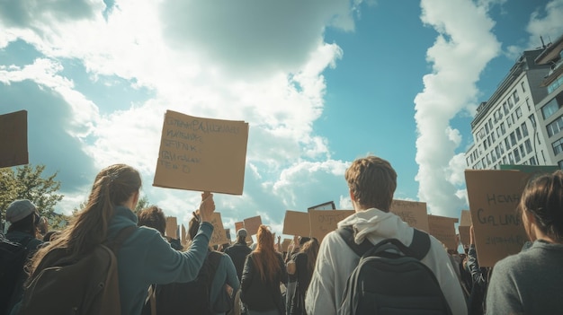 Photo people marching with protest signs under a cloudy sky in the city during the day