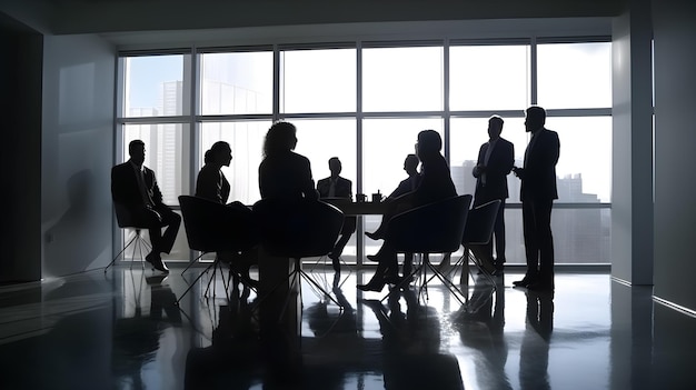 People in a meeting room with a large window behind them