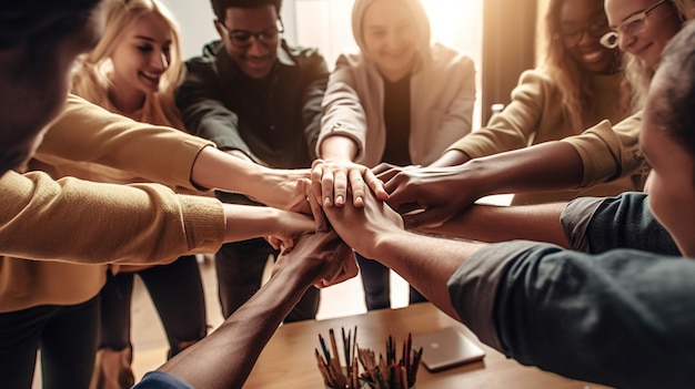 People in a meeting room with one of them holding hands with the other on the table.