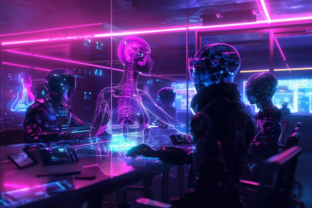 People in metaverse virtual space with holographic neon display showing human body Gaming and Futur