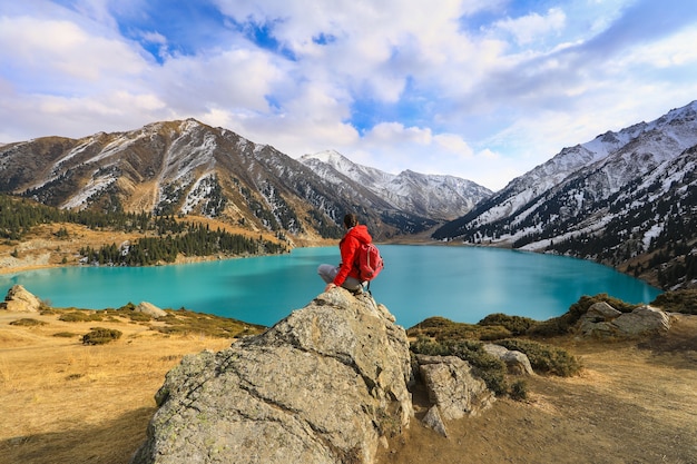 people on a mountain lakeBig Almaty Lake Kazakhstan Almaty