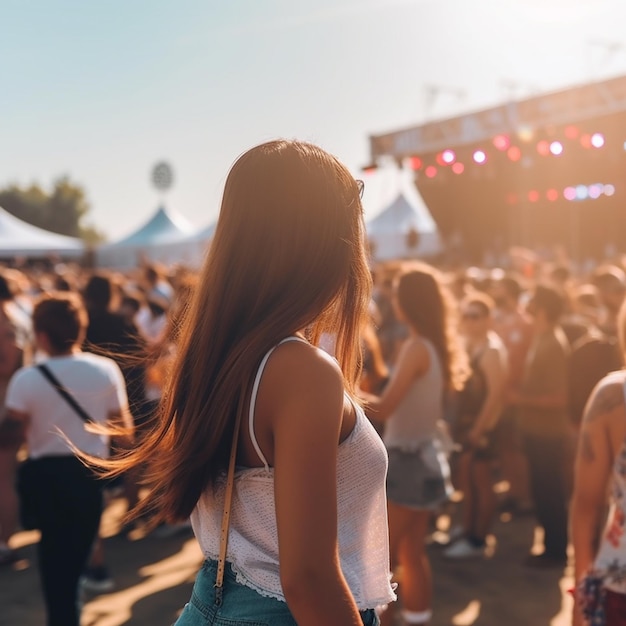 People on music festival in the summer back view girl on daylight big group at party with dj summer nightlife disco club outside fun youth entertainment festive concept Female back view