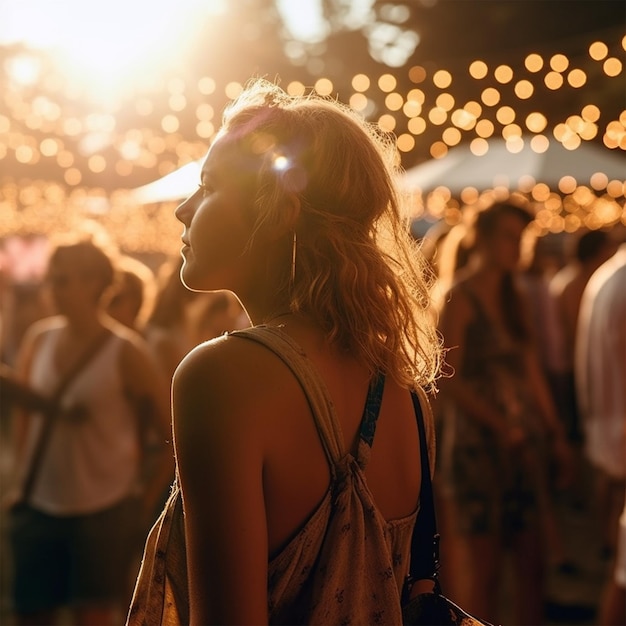 People on music festival in the summer back view girl on daylight big group at party with dj summer nightlife disco club outside fun youth entertainment festive concept Female back view