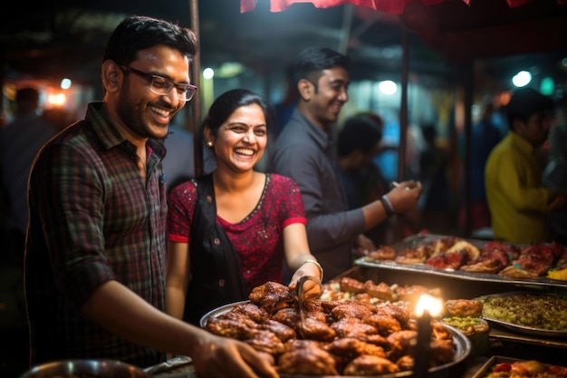 people near a street food stall in the evening