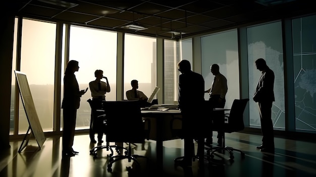 People in an office with a view of the city below.