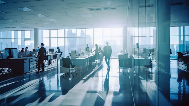 People in an office with a view of the city