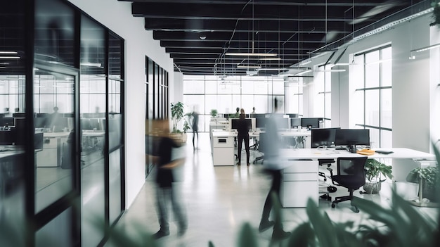 People in an open office with a black ceiling and windows.