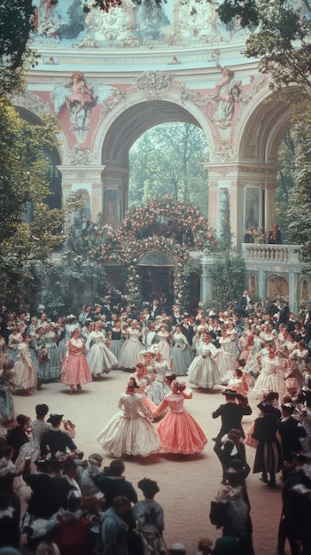 Photo people in period costumes dance in a garden setting