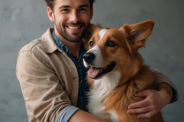 People and pet dog pet owner character man holding on hands his dog man love his animal cute and adorable domestic