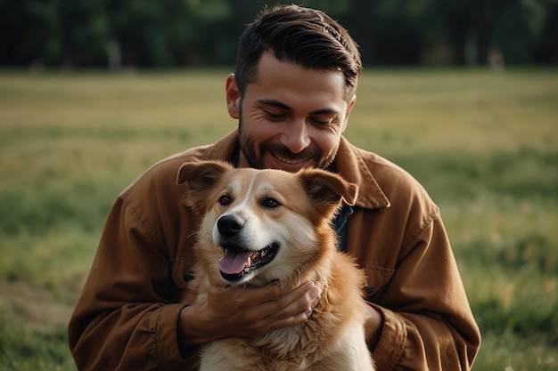 People and pet dog pet owner character man holding on hands his dog man love his animal cute and adorable domestic