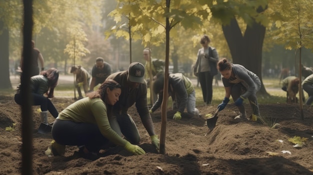 People plant a tree in a park