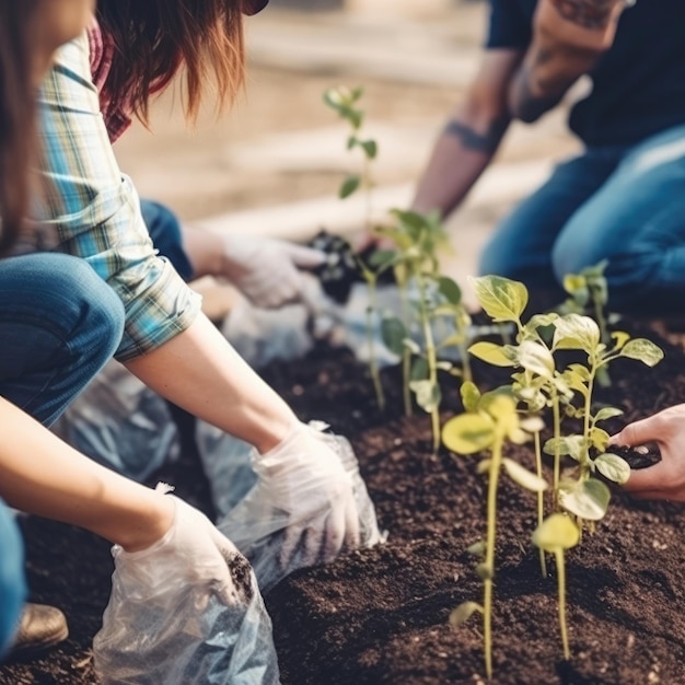 People planting a tree in a garden