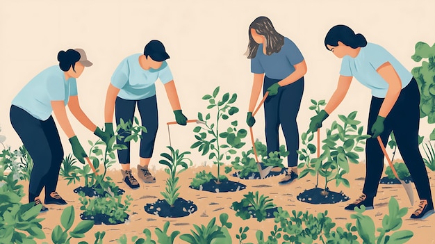 Photo people planting trees or working in a community garden