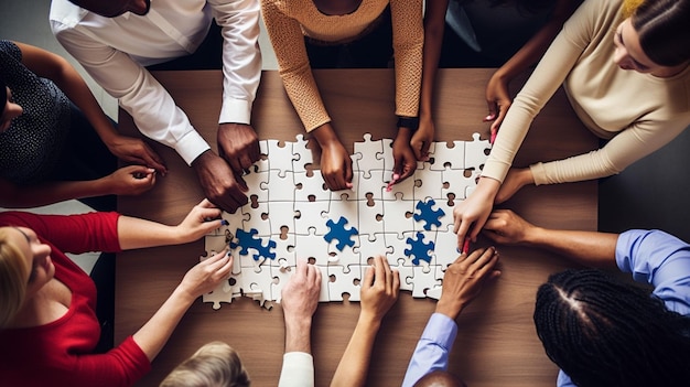 People playing a puzzle with one of them being labeled with the word puzzle.