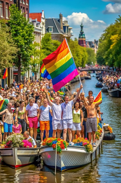 Photo people on the podium at gaypride canal boat parade at amsterdam the netherlands 382024