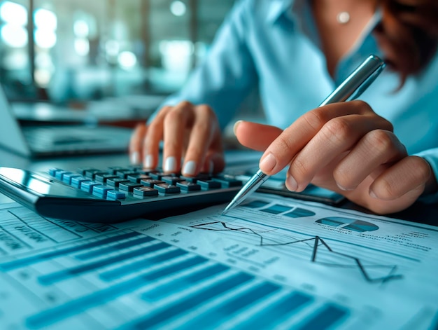 people pointing graph and using calculator during a business meeting