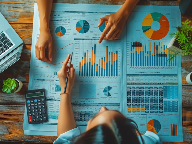 people pointing graph and using calculator during a business meeting