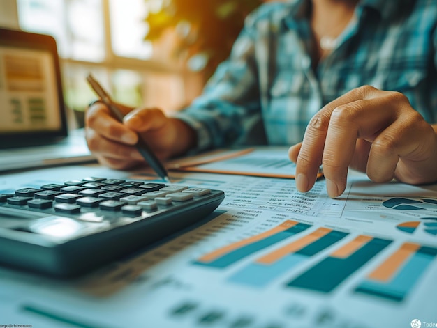 people pointing graph and using calculator during a business meeting