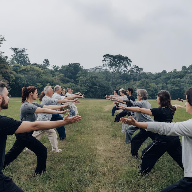 People practicing t chi together front view