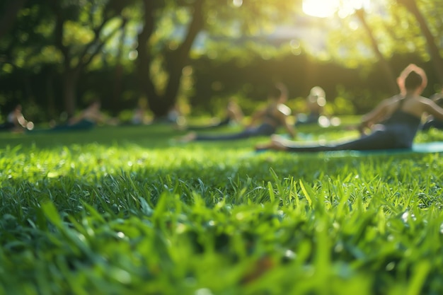 People practicing yoga on the grass in a natural landscape