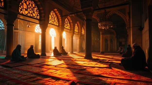 People praying in the mosque muslim sitting and praying