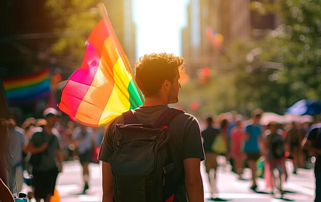 People at pride parade with rainbow flags LGBTQ celebration march