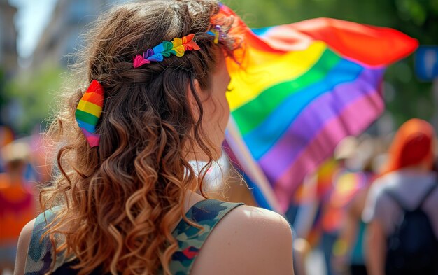 People at pride parade with rainbow flags LGBTQ celebration march