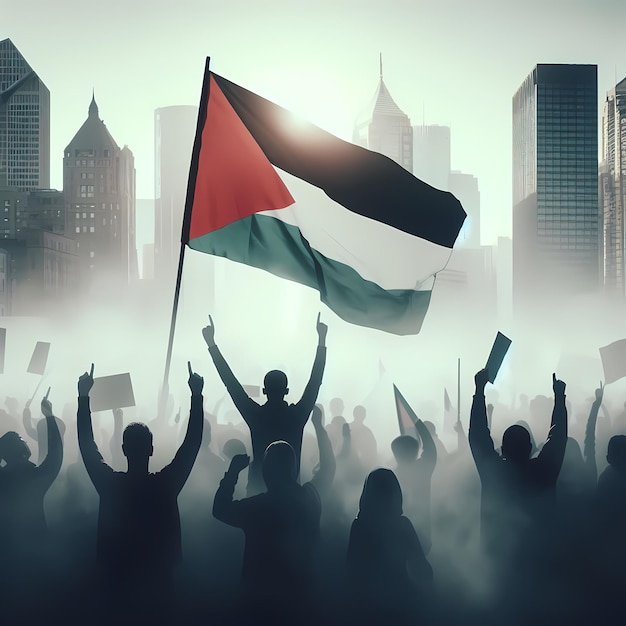 People protesting in city with Palestine flag digital art