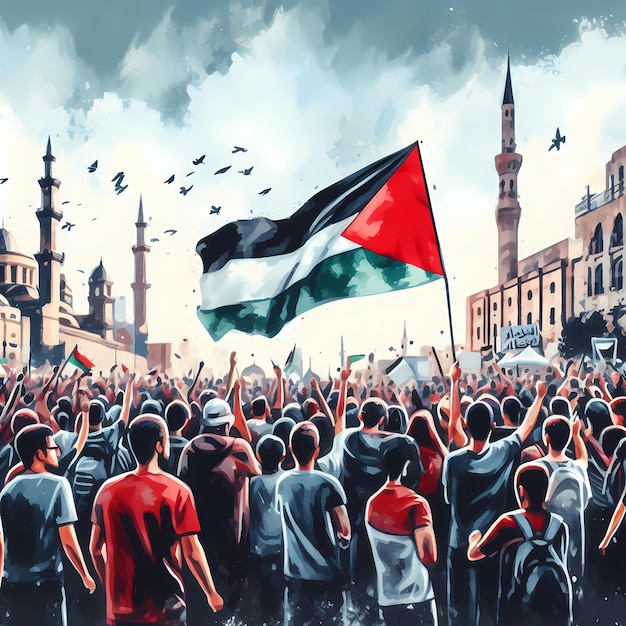 People protesting in city with Palestine flag digital art