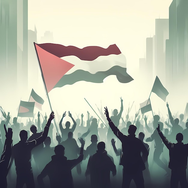 People protesting in city with Palestine flag digital art